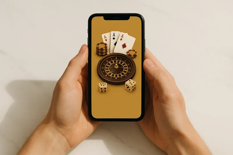 Close-up of hands holding smartphone with casino app on marble surface