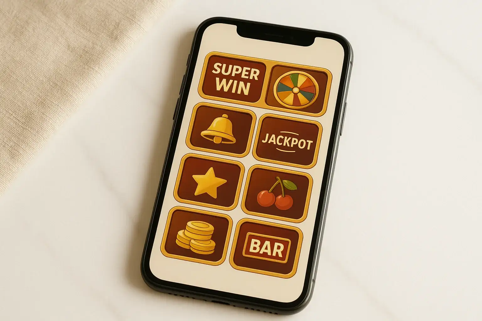 Smartphone on white marble showing bright casino game selection grid