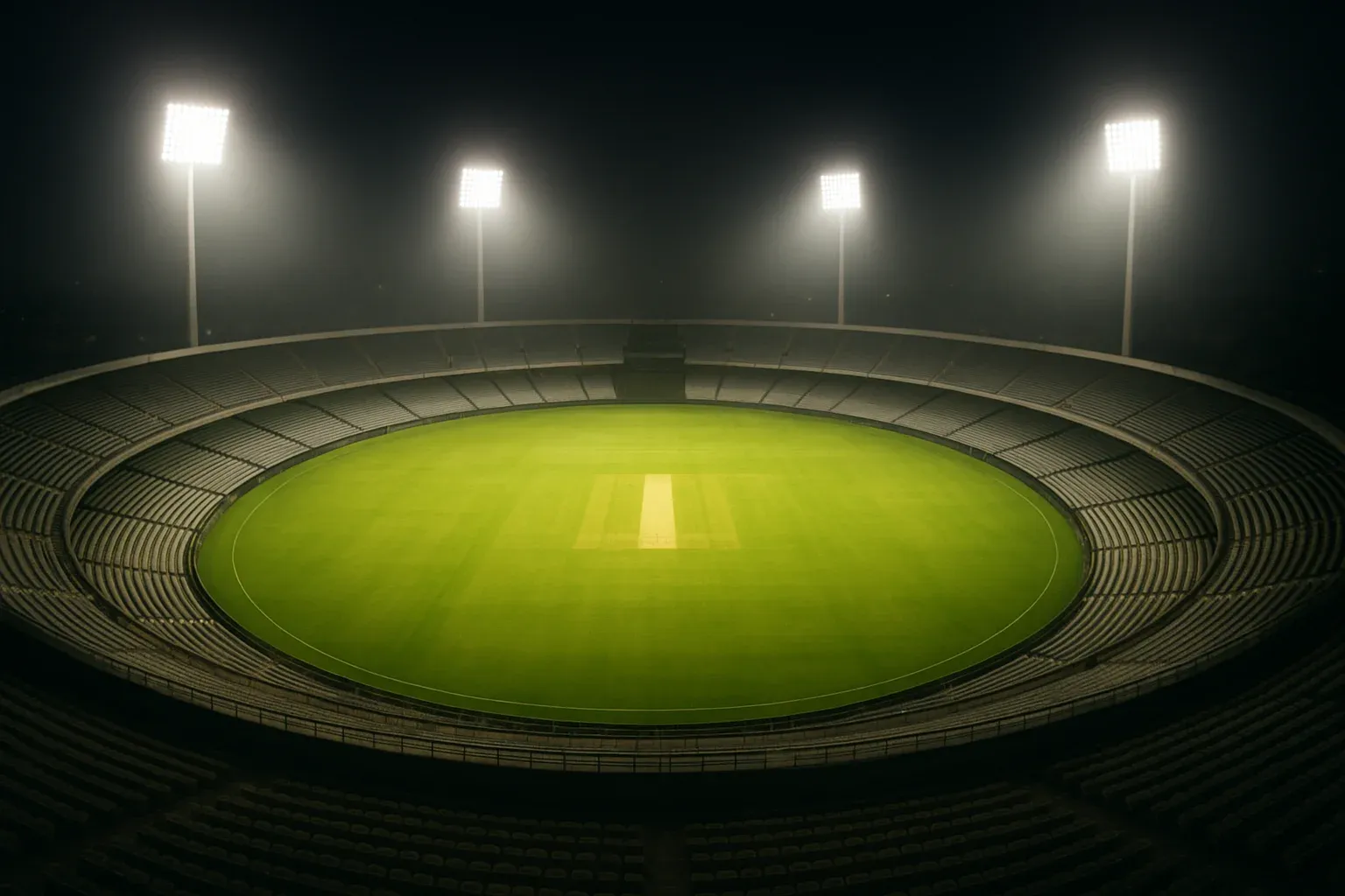 Aerial view of cricket stadium at night with bright floodlights