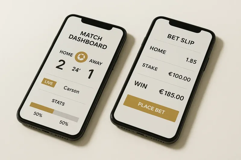 Two smartphones showing match dashboard and bet slip on cream surface