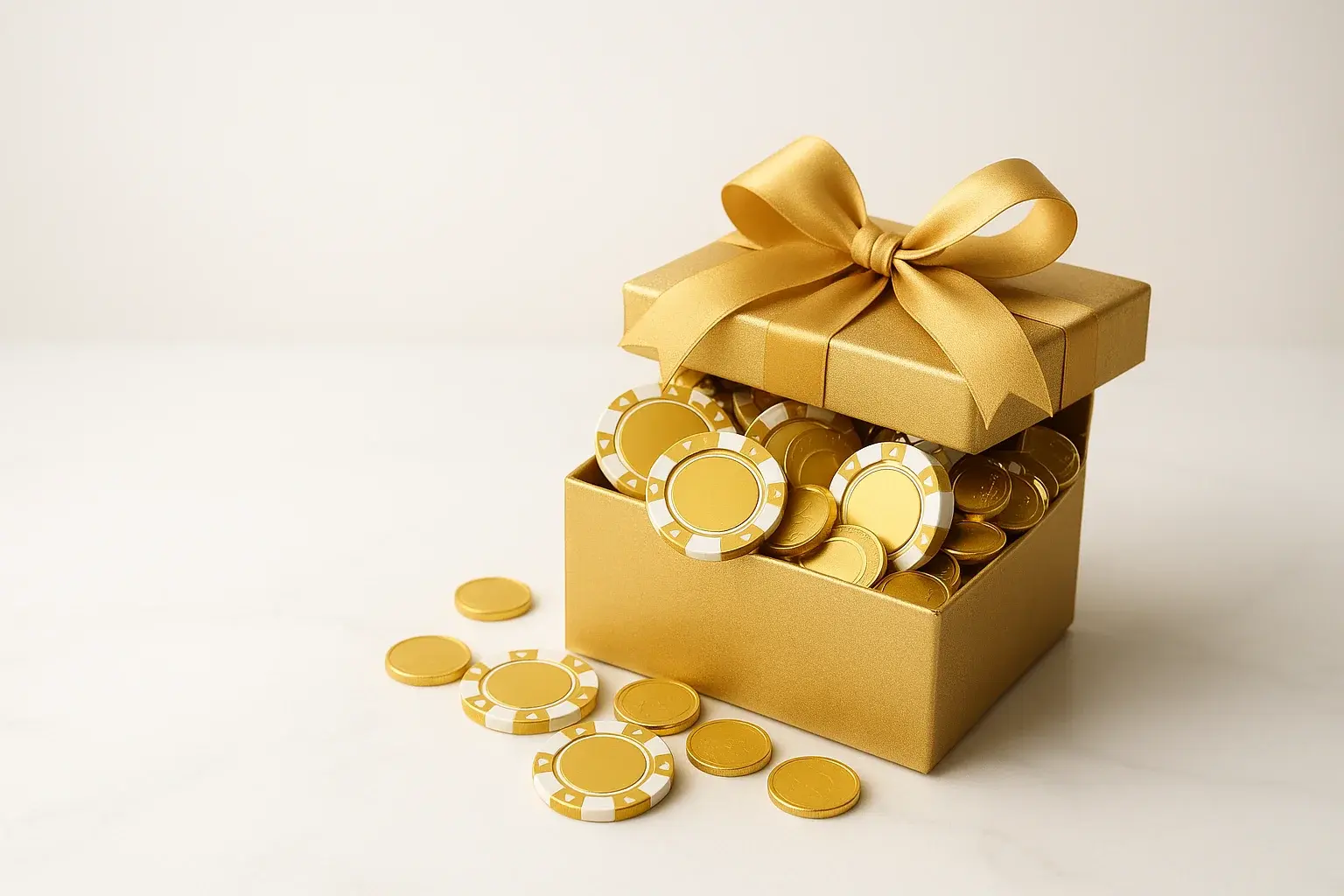 Golden gift box overflowing with poker chips and gold coins