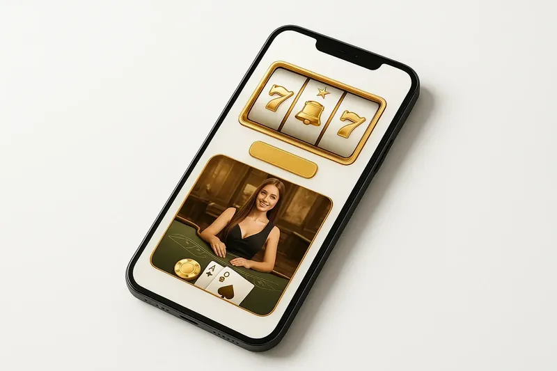 Mobile phone showing casino app with slots and live games