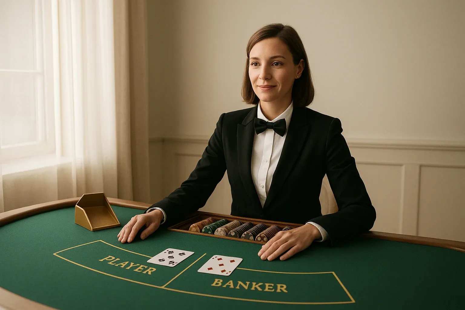 Live Dealer Baccarat Professional female dealer at elegant live baccarat table in casino