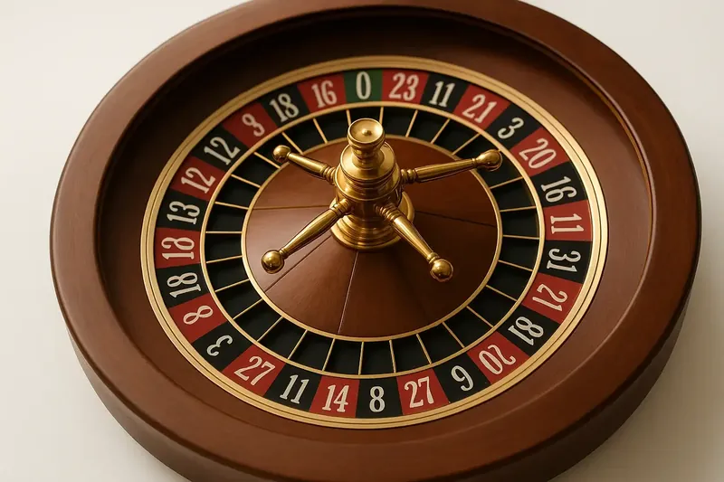 Close-up overhead of roulette wheel center with gold accents
