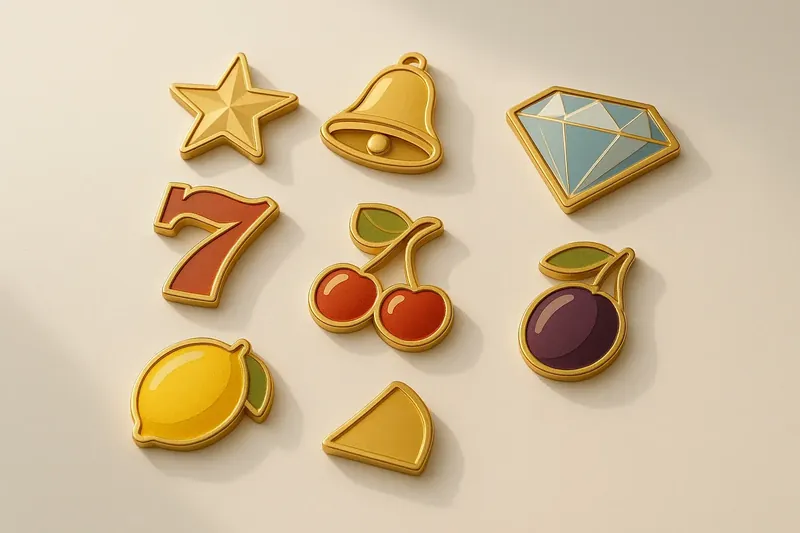 Assorted casino slot game icons with fruit, diamonds, lucky sevens, and stars